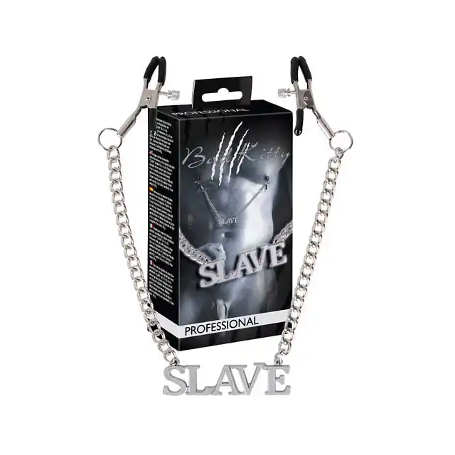 Bad Kitty - Professional Nipple Clamps. Klamerki na sutki z napisem 'Slave'.