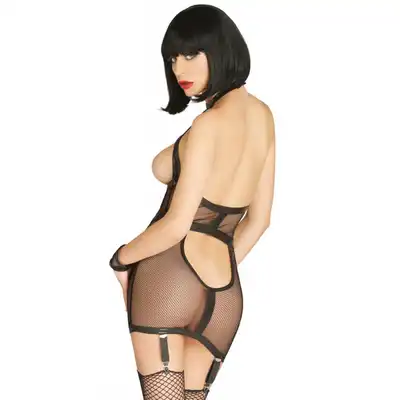 Kink - Open Cup Bondage Garter Dress. Sukienka z paskami do pończoch i mankietami na nadgarstki.