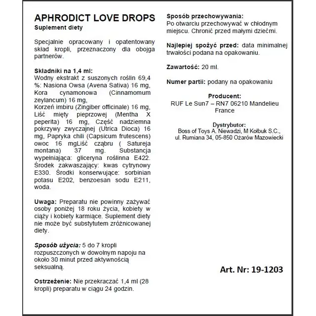 RUF - Aphrodict Love Drops. Krople pobudzające, potęgowanie ilości i siły orgazmów, wzmocnione pobudzenie seksualne