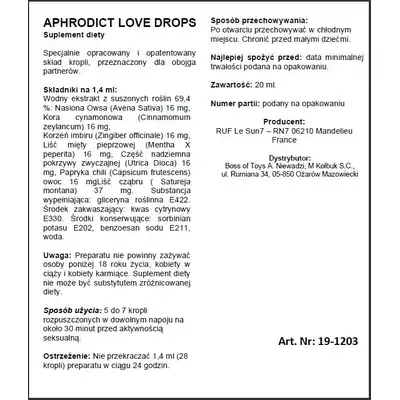 RUF - Aphrodict Love Drops. Krople pobudzające, potęgowanie ilości i siły orgazmów, wzmocnione pobudzenie seksualne