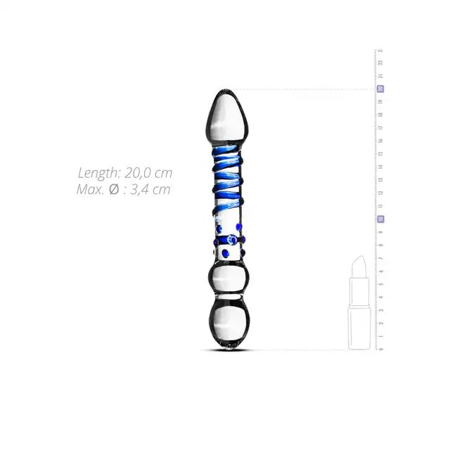 Gildo – Glass Dildo No. 21. Dwustronne szklane dildo z niebieskimi detalami do intensywnej stymulacji