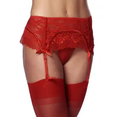 Amorable - Suspenderbelt with G-String and stockings. Cudowny bogaty koronką pas do pończoch. Wspaniała czerwień.  OS