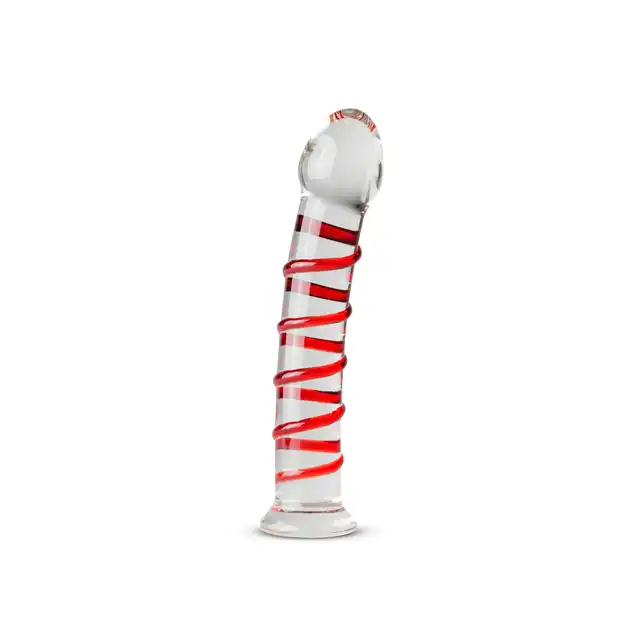 Gildo - Glass Dildo No. 15. Lekko zagięte, szklane czerwone dildo. Podgrzej w ciepłej wodzie dla lepszych doznań. 