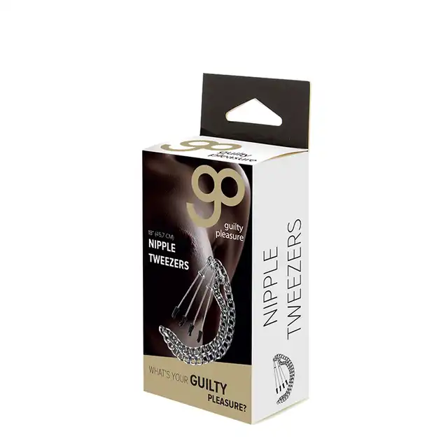 Guilty Pleasure - Nipple Tweezers. Regulowane zaciski na sutki z gumowymi końcówkami i długim łańcuchem.
