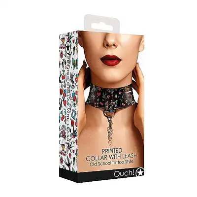 Ouch! - Printed Collar With Leash - Old School Tattoo Style. Wyjątkowa obroża ze smyczą ze skóry. 