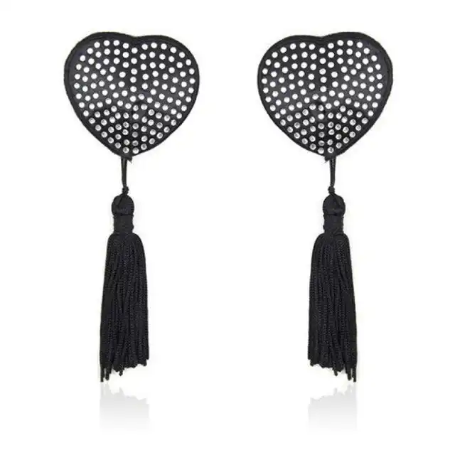 Toyz4Lovers - Heart Nipples Tassels Silver. Czarne nasutniki z frędzlami i srebrnymi kryształkami. 