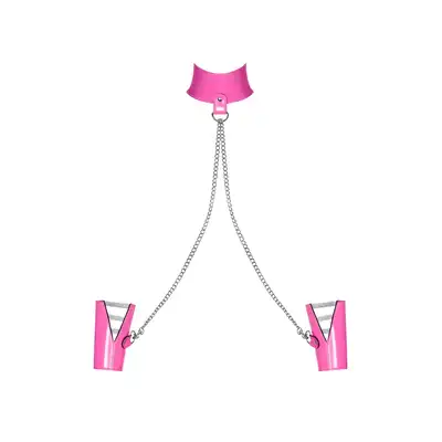 Obsessive - Lollypopy Cuffs &amp; Choker. Różowe kajdanki połączone metalowym łańcuszkiem z obrożą na szyję. Zmysłowe zniewolenie. Mega sale