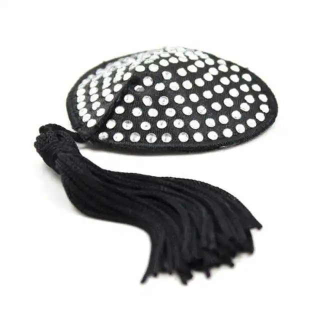 Toyz4Lovers - Heart Nipples Tassels Silver. Czarne nasutniki z frędzlami i srebrnymi kryształkami. 