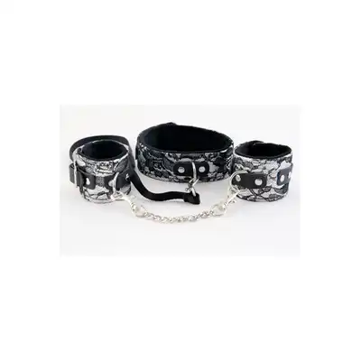 Wiązania-MARCUS 716011 Set collar with hand cuffs metal chain tracery silver bdsm Valentine day