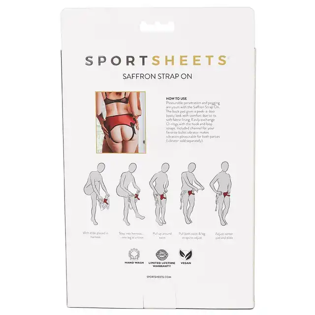 Sportsheets - Saffron Strap On. Wytrzymały, stylowy strap on z czerwonej wegańskiej skóry.