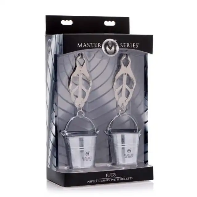 Master Series - Jugs Nipple Clamps. Nietypowe klamerki na sutki z obciążeniem. Napełnij wiaderko wodą i wzmocnij zaciski! 