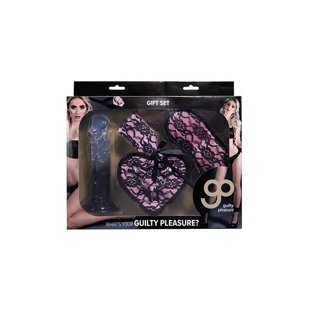 Guilty Pleasure - Kit Set Smokey Pink. Zestaw strap on, dildo, opaska na oczy i packa. Idealny prezent dla miłośników BDSM.