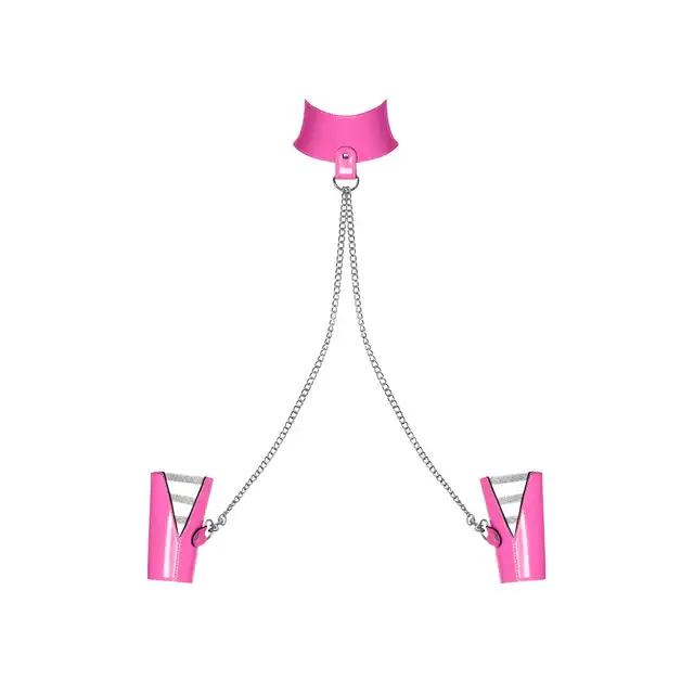 Obsessive - Lollypopy Cuffs &amp; Choker. Różowe kajdanki połączone metalowym łańcuszkiem z obrożą na szyję. Zmysłowe zniewolenie. Mega sale