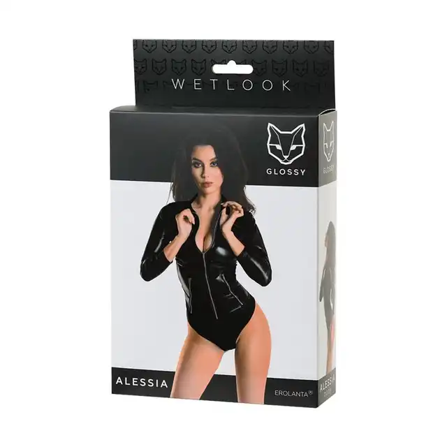 Glossy - ALESSIA Wetlook Body. Czarne obcisłe body imitujące latex. Super wygodne i dopasowane do ciała. Rozmiar M. 