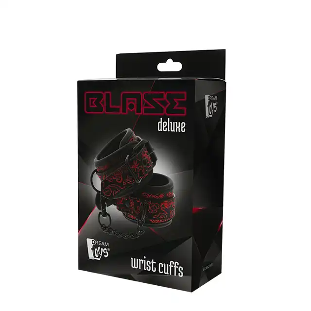 Blaze - Deluxe Wrist Cuffs. Stylowe czarno czerwone kajdanki. Miękkie, regulowane i solidne. 