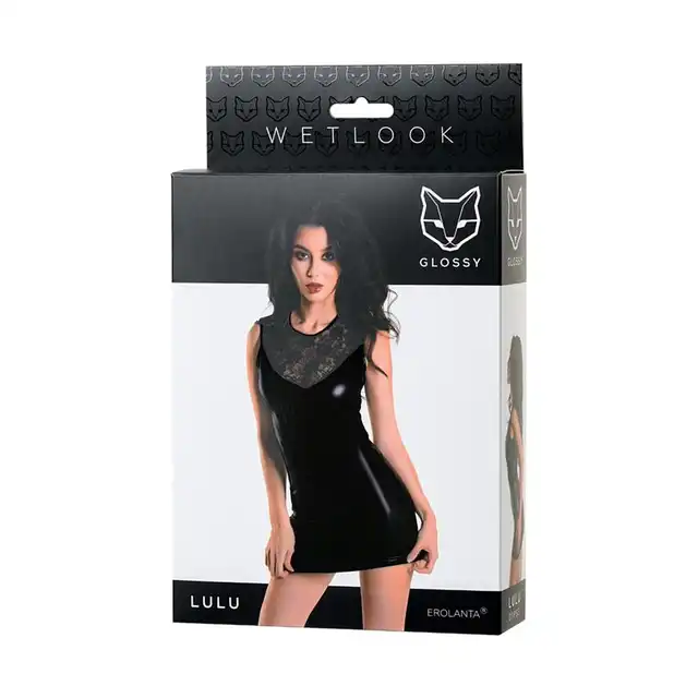 Glossy - LULU Wetlook dress. Czarna dopasowana mini sukienka przypominająca latex. Rozmiar M. 