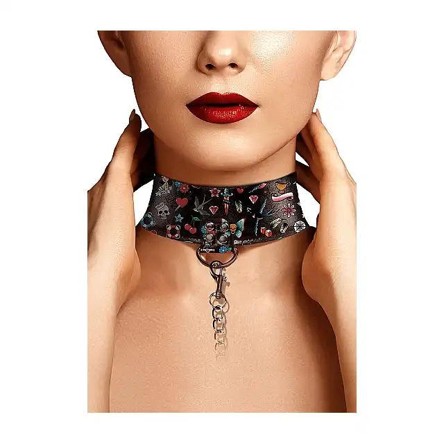 Ouch! - Printed Collar With Leash - Old School Tattoo Style. Wyjątkowa obroża ze smyczą ze skóry. 
