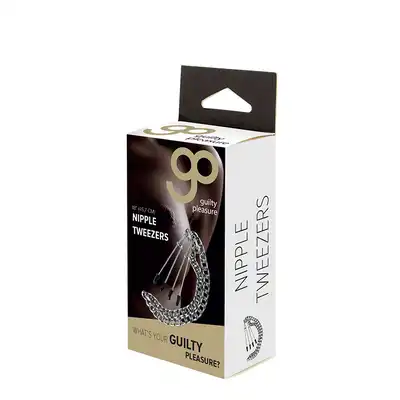 Guilty Pleasure - Nipple Tweezers. Regulowane zaciski na sutki z gumowymi końcówkami i długim łańcuchem.