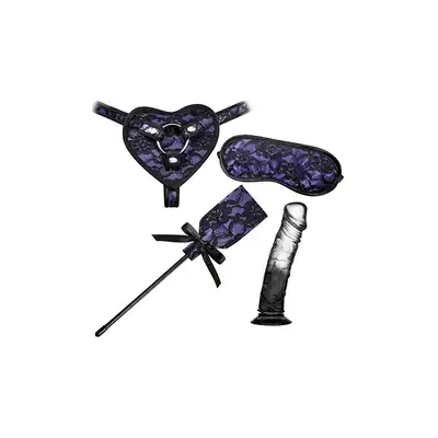Guilty Pleasure - Kit Set Purple. Zestaw strap on, dildo, opaska na oczy i packa. Idealny prezent dla miłośników BDSM.