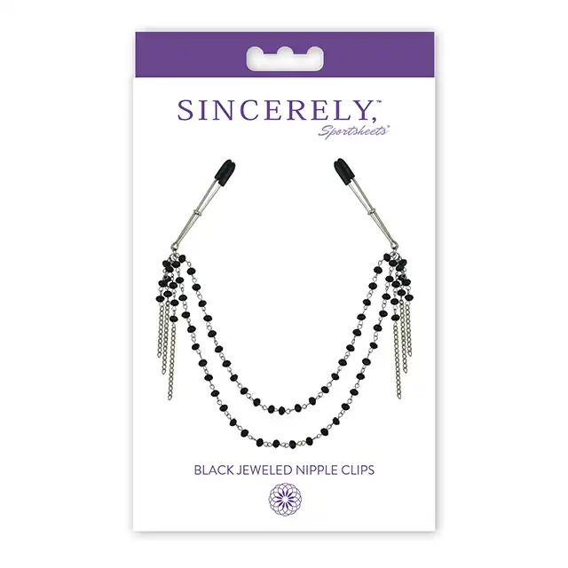 Sportsheet - Black Jaweled Nipple clips. Eleganckie czarne połyskujące w ciemności nakładki na sutki. 
