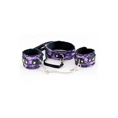 Wiązania-MARCUS 716013 Set collar with hand cuffs metal chain tracery purple bdsm Valentine day