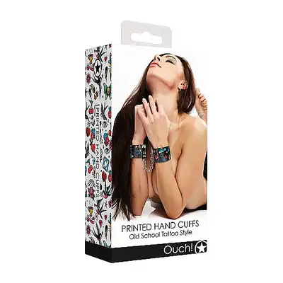 Ouch! Printed Hand Cuffs - Old School Tattoo Style. Skórzane kajdanki z oryginalnym wzorem. Metalowy łańcuszek łączący. 