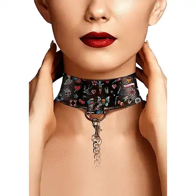 Ouch! - Printed Collar With Leash - Old School Tattoo Style. Wyjątkowa obroża ze smyczą ze skóry. 