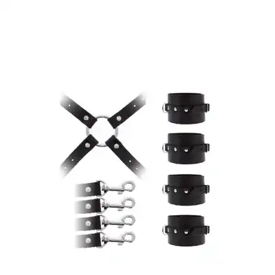 Guilty Pleasure - Leather Hog Tie Set. Skórzana krzyżowa uprząż z regulowanymi kajdankami. 