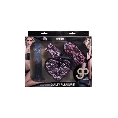 Guilty Pleasure - Kit Set Smokey Pink. Zestaw strap on, dildo, opaska na oczy i packa. Idealny prezent dla miłośników BDSM.