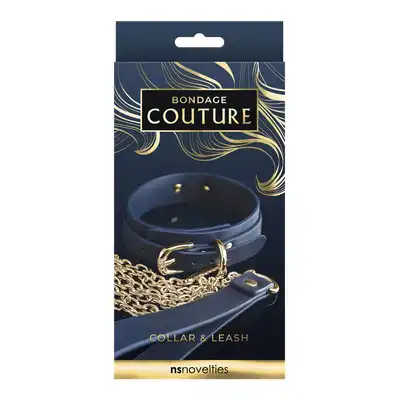 Bondage Couture  - Collar &amp; Leash. Przepiękna granatowo złota obroża ze smyczą. Luksus i elegancja..