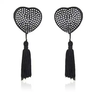 Toyz4Lovers - Heart Nipples Tassels Silver. Czarne nasutniki z frędzlami i srebrnymi kryształkami. 