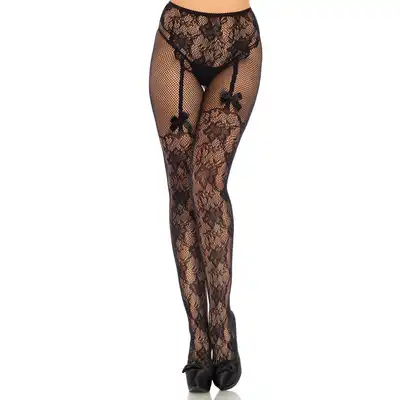 Leg Avenue - 85051 Crotchless Pantyhose. Koronkowe rajstopy z dziurką w kroku. One Size. 