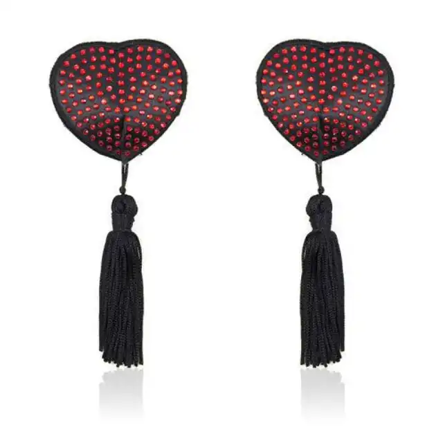 Toyz4Lovers - Heart Nipples Tassels Red. Czarne nasutniki z frędzlami i czerwonymi kryształkami. Mega sale!