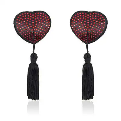 Toyz4Lovers - Heart Nipples Tassels Red. Czarne nasutniki z frędzlami i czerwonymi kryształkami. Mega sale!