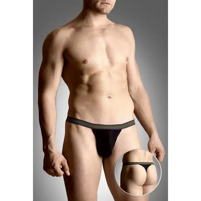 Softline - Mens thongs 4496. Czarne stringi męskie z tęczową gumką. XL