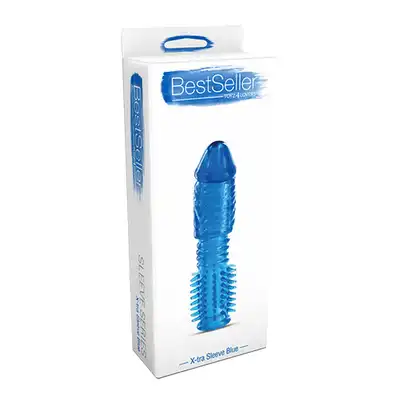 Bestseller - X-tra Sleeve. Niebieska nakładka na penisa ze specjalnymi wypustkami stymulującymi. Silne doznania! Wysokiej jakości materiał, nie uczula. 