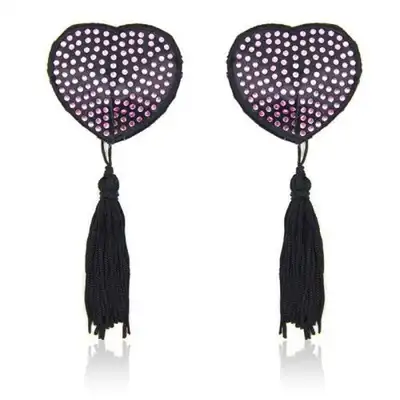 Toyz4Lovers - Heart Nipples Tassels Pink. Czarne nasutniki z frędzlami i różowymi kryształkami.