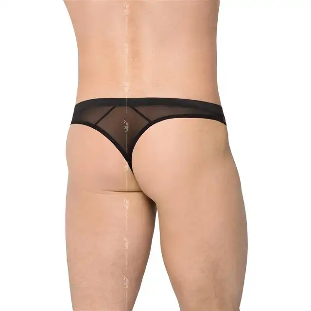 Softline - Mens Thong 4522 rozmiar XL. Czarne stringi z przezroczystej siateczki z eleganckim wzorem.