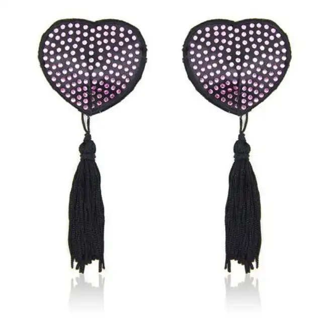 Toyz4Lovers - Heart Nipples Tassels Pink. Czarne nasutniki z frędzlami i różowymi kryształkami.