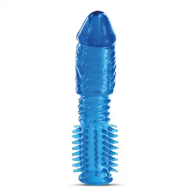 Bestseller - X-tra Sleeve. Niebieska nakładka na penisa ze specjalnymi wypustkami stymulującymi. Silne doznania! Wysokiej jakości materiał, nie uczula. 
