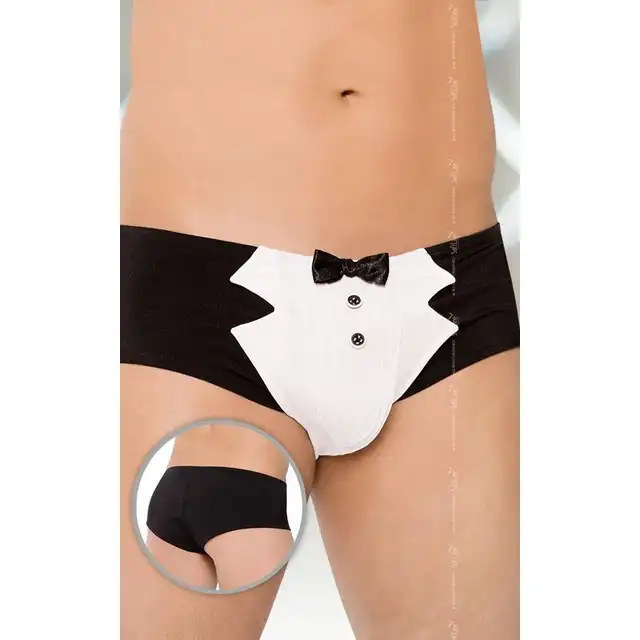 Softline - Mens thongs 4504. Czarne stringi męskie na wzór koszuli z kołnierzykiem. Stringi kelnerskie XL.