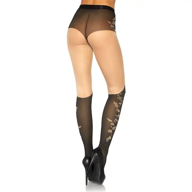 Leg Avenue - 84989 seksowne rajstopy optycznie wyszczuplające nogi. Złote wzory na czarnym tle. One size. 