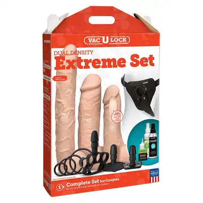Doc Johnson -  Vac-U-Lock Dual Density Extreme. Zestaw 3 wielkich dildo oraz uprząż strap on. 
