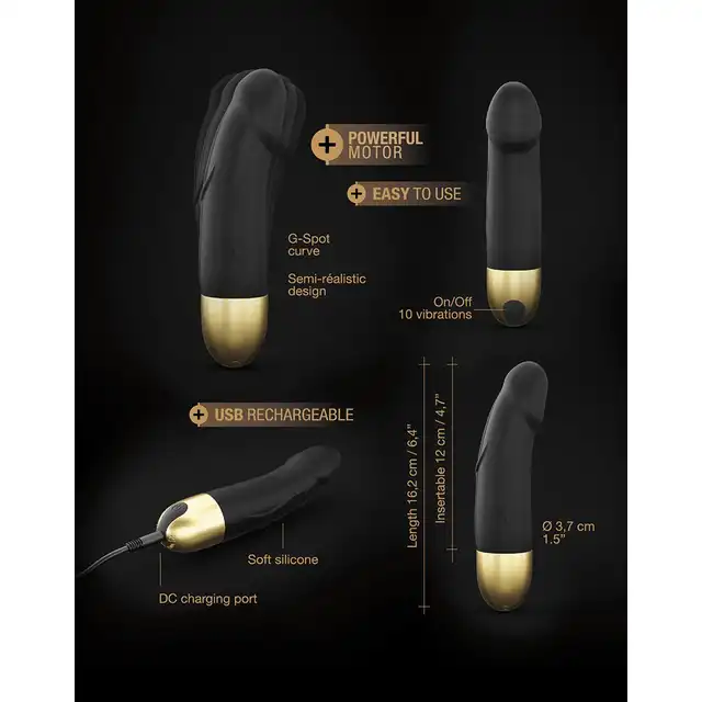 Dorcel - Real Vibration S Black &amp; Gold  2.0 - ładowany USB, silny wibrator 16 cm x 3,4 cm. 10 trybów wibracji. 