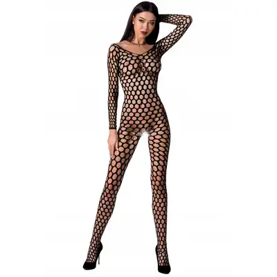 Passion - Bodystocking BS077. Seksowna siateczka z otwartyk krokiem. Czarna. Rozmiar OS