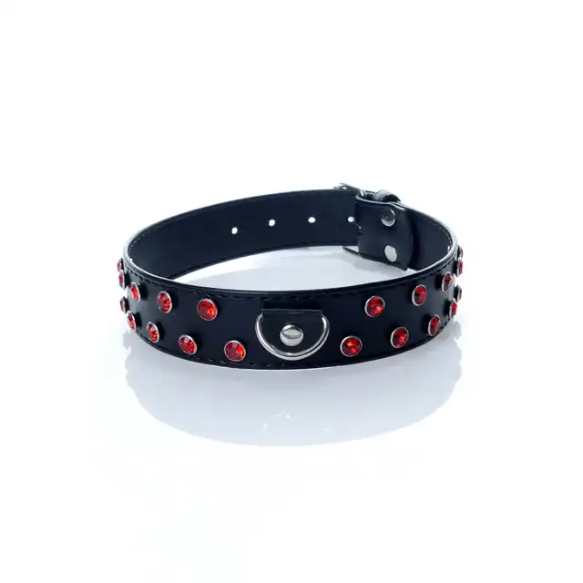 Fetish Boss Series - Collar Double Red Crystal 3 cm. Obroża z kryształkami. Prosta regulacja, wygodna szerokość.
