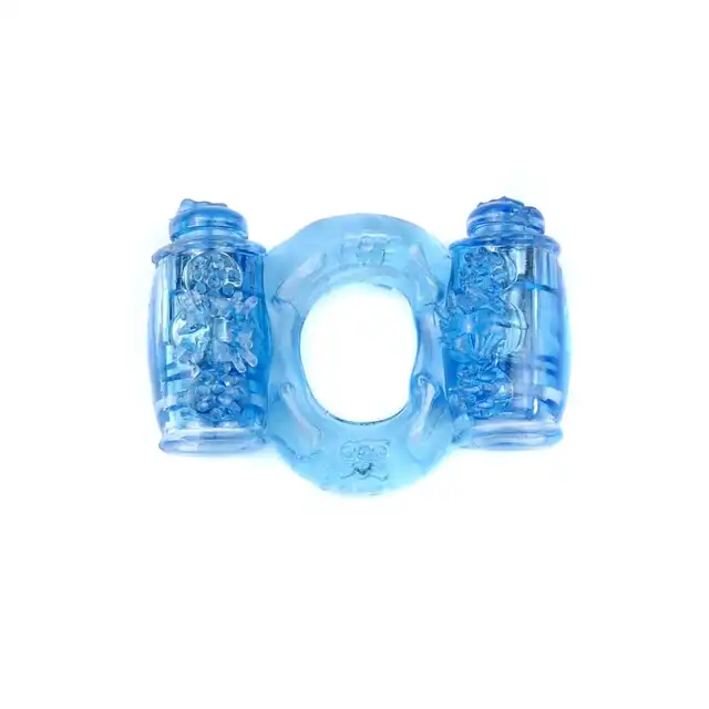 Boss Series - Vibro Cockring Double Blue. Wibrujący żelowy pierścień erekcyjny z dwoma silniczkami. Nowość!