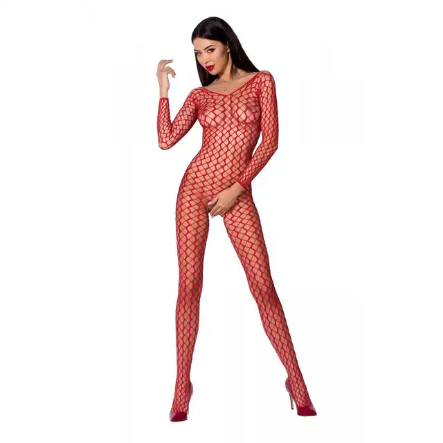 Passion - Cudowny bodystocking z otwartym krokiem BS068. Czerwony. Rozmiar OS