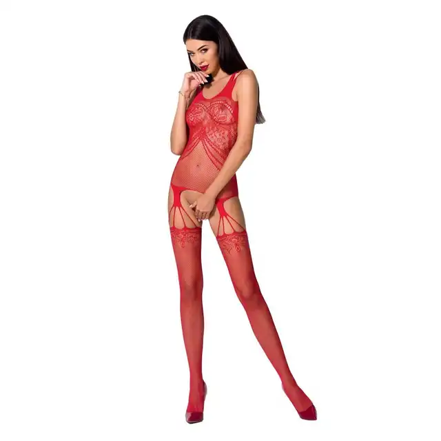 Passion - Uwodzicielski bodystocking BS070 z otwartym krokiem. Czerwony. Rozmiar OS