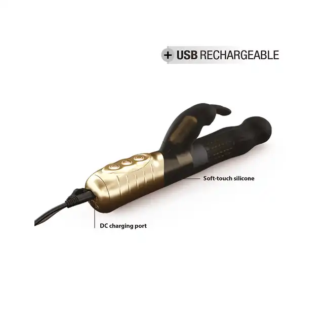 Dorcel - Baby Rabbit Black &amp; Gold 2.0 - ładowany USB, silny wibrator z króliczkiem 22 cm x 2,9 cm. 7 trybów wibracji, 3 tryby rotacji. 